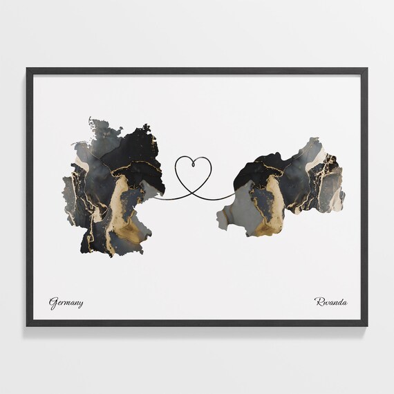 Germany Rwanda Black Gold Marble Map Art Heart Connection Poster