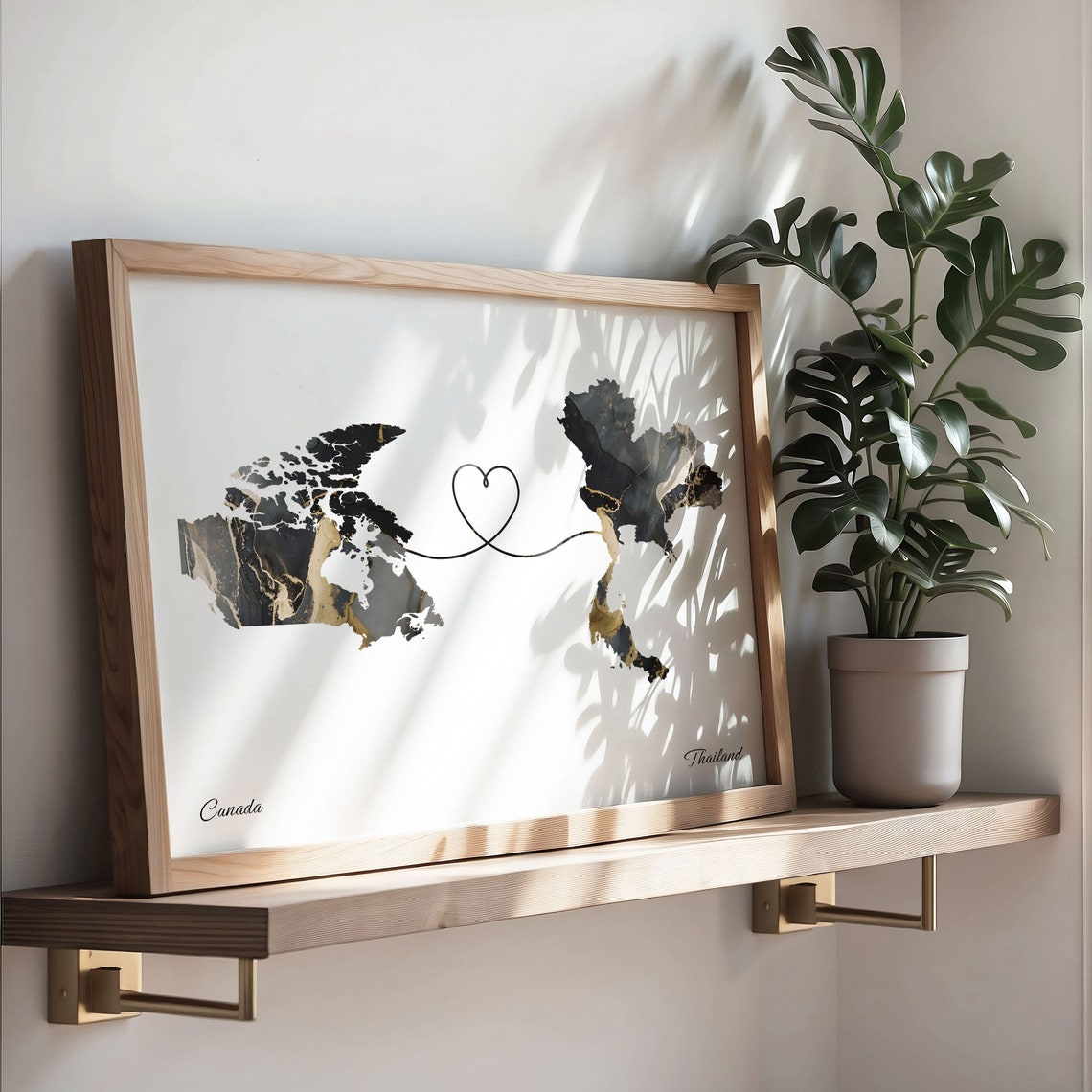 Canada To Thailand Black Gold Marble Long Distance Heart Map Poster - Image 3