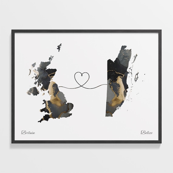 Britain Belize Marble Map Two Countries Heart Line Connection Poster