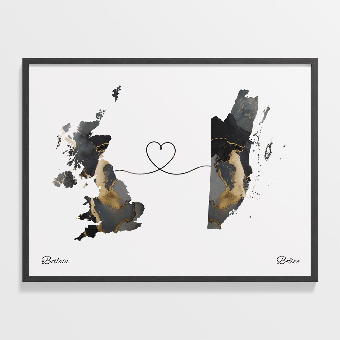 Britain Belize Marble Map Two Countries Heart Line Connection Poster