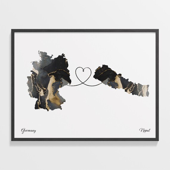 Germany to Nepal Black Gold Marble Heart Map Art Wall Poster