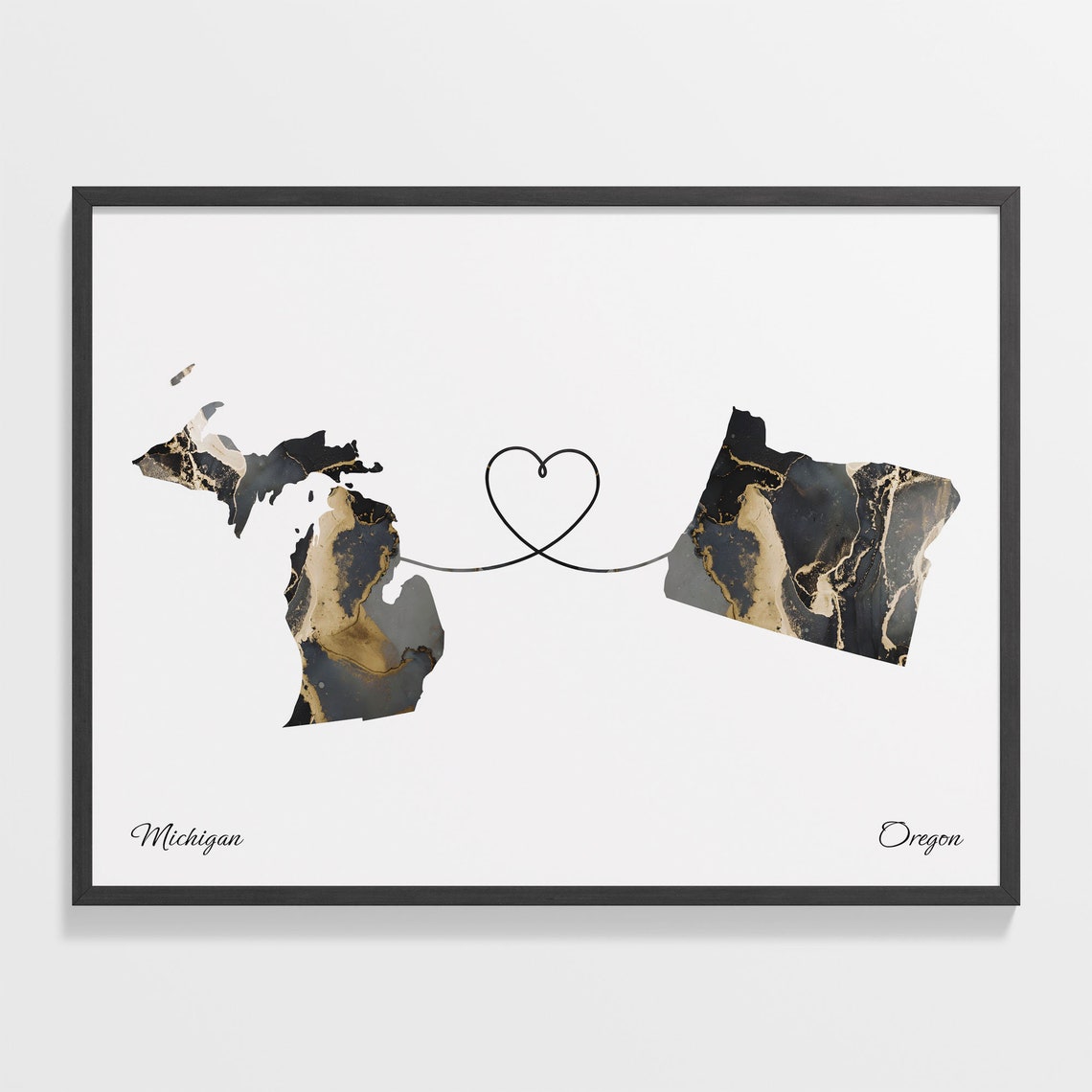 Michigan to Oregon Black Marble State Map Long Distance Love Poster
