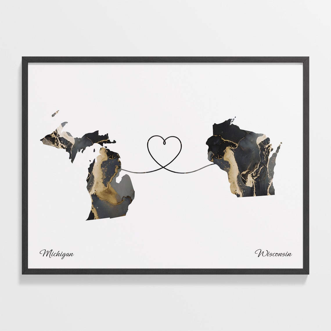 Michigan Wisconsin Long Distance Love Black Gold Marble Map Poster