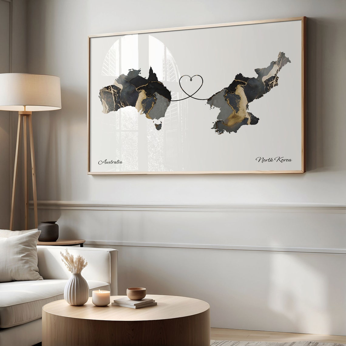 Australia North Korea Long Distance Love Heart Marble Map Gift Poster - Image 2