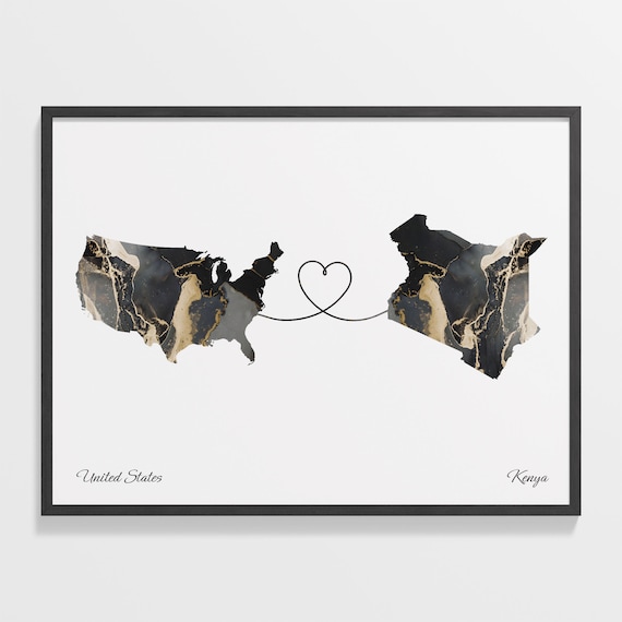 United States To Kenya Long Distance Marble Map Heart Print Love Art