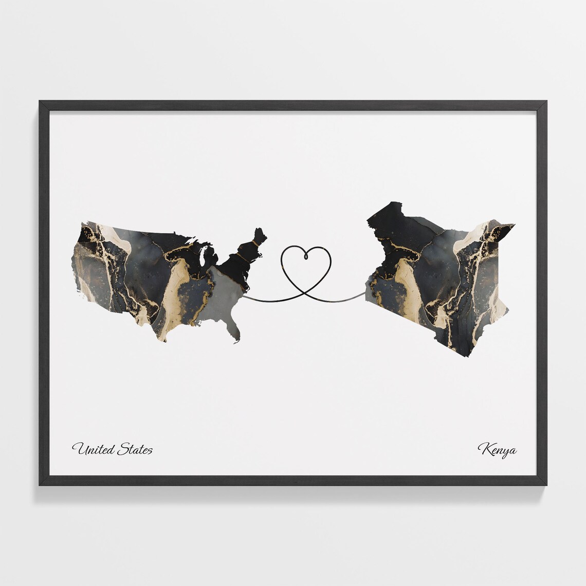 United States To Kenya Long Distance Marble Map Heart Print Love Art