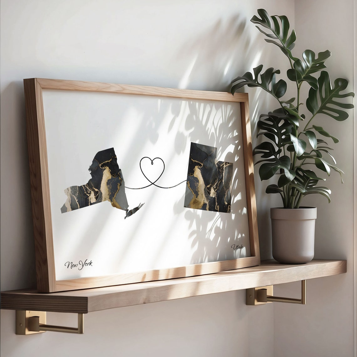 New York Utah Marble State Map Poster Heart Line Moving Gift - Image 3
