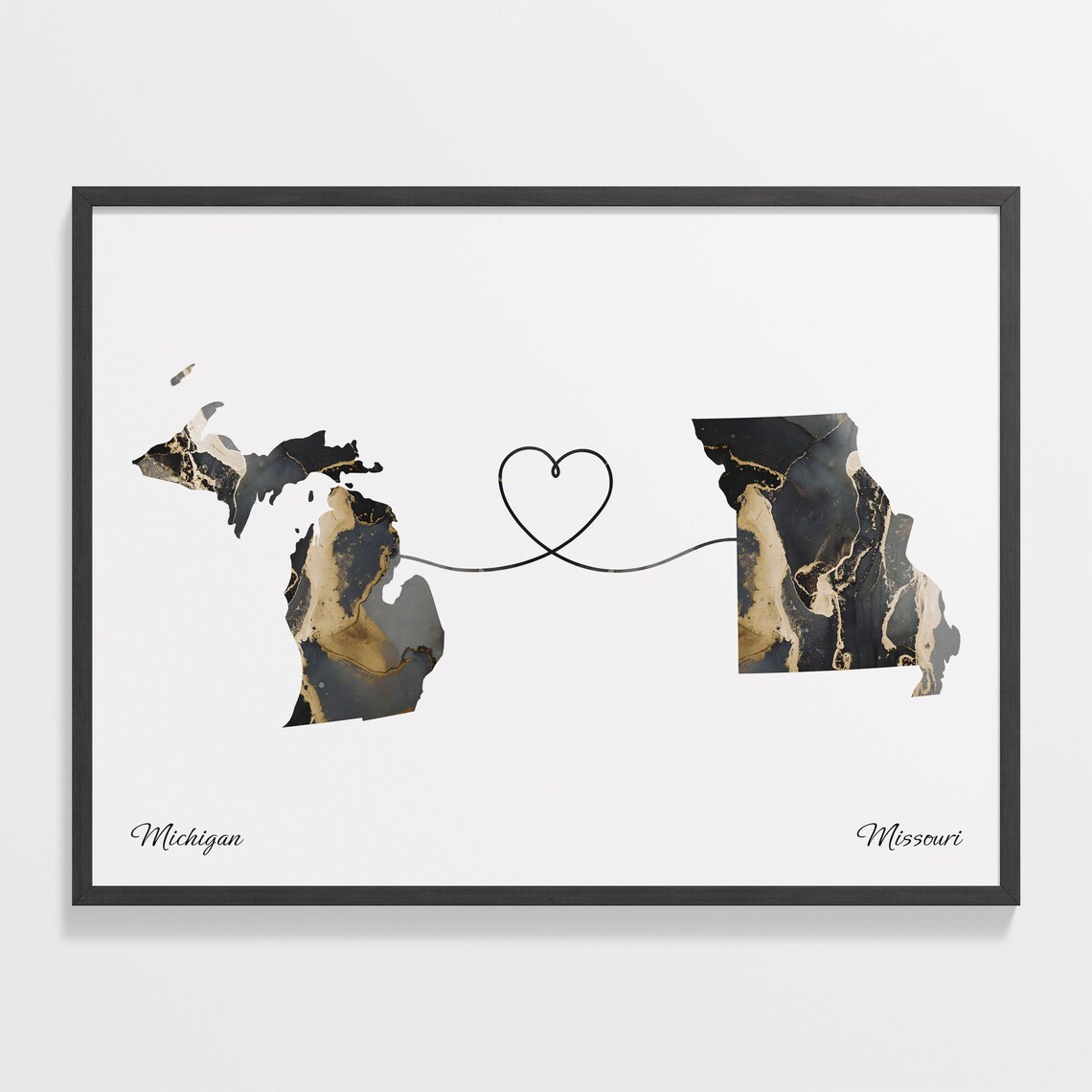 Michigan to Missouri Black Marble State Map Long Distance Love Poster