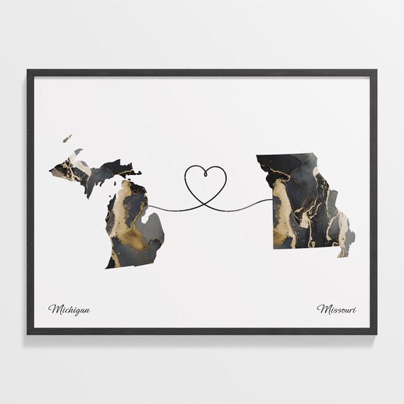 Michigan to Missouri Black Marble State Map Long Distance Love Poster