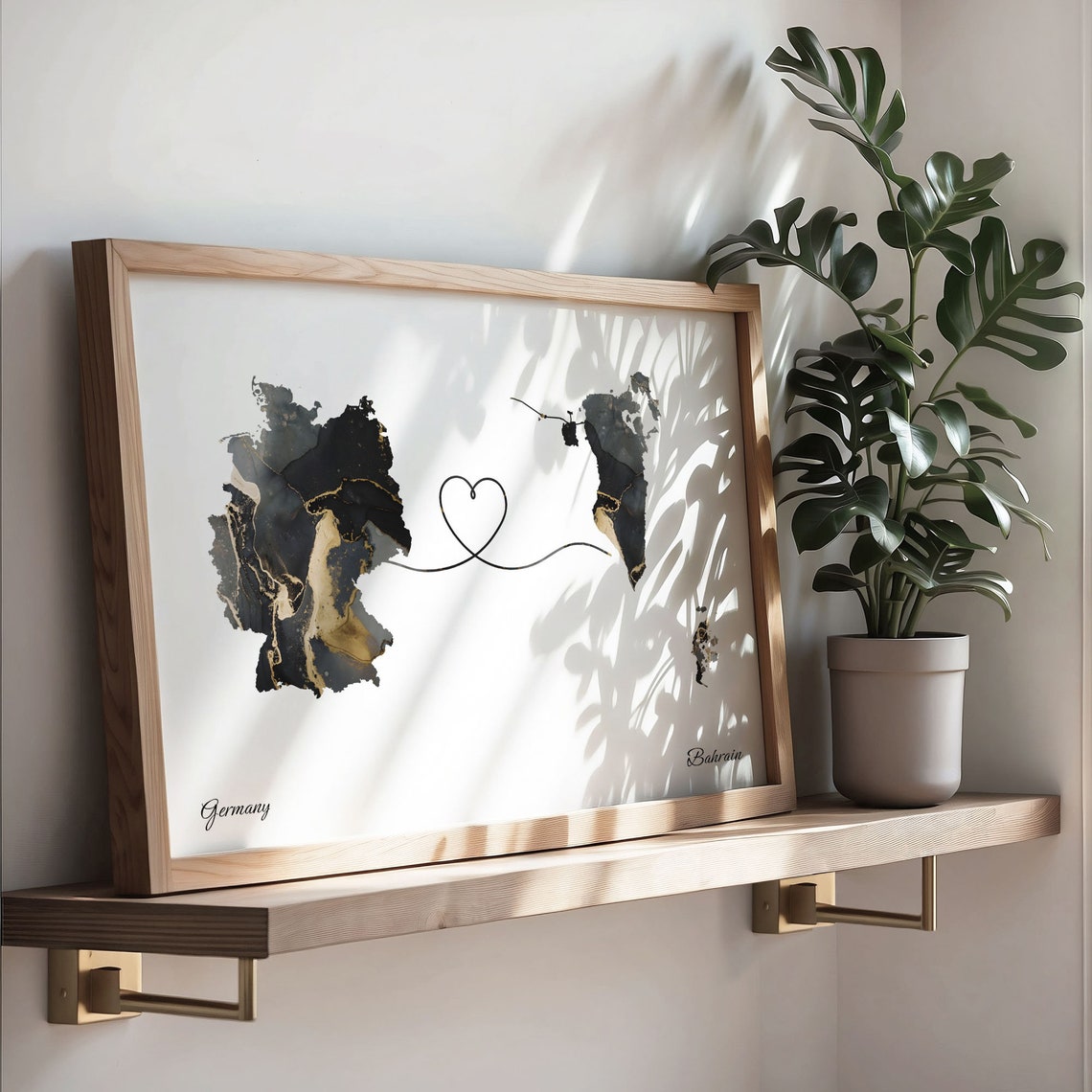 Germany and Bahrain Marble Heart Connected Countries Map Poster - Image 3