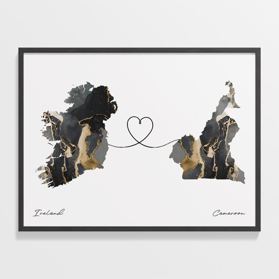 Ireland to Cameroon Heart Line Two Countries Black Gold Marble Poster