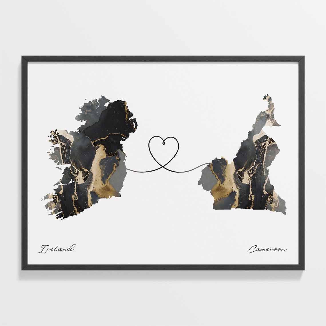Ireland to Cameroon Heart Line Two Countries Black Gold Marble Poster