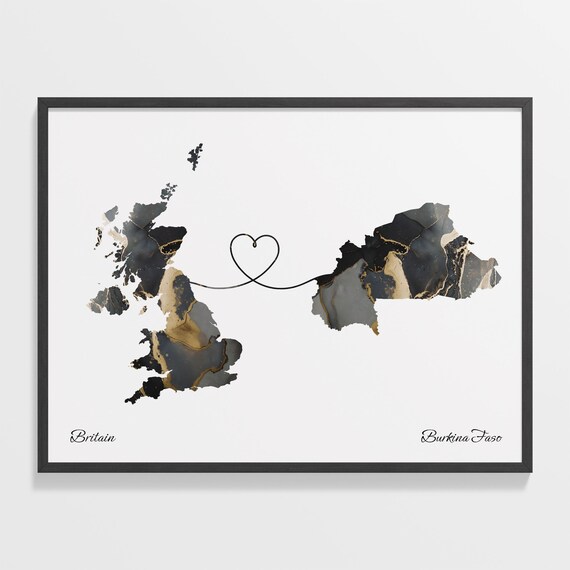 Britain to Burkina Faso Heart Connected Long Distance Marble Map Poster
