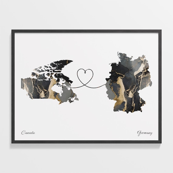Canada to Germany Black Gold Marble Heart Map Art Wall Poster