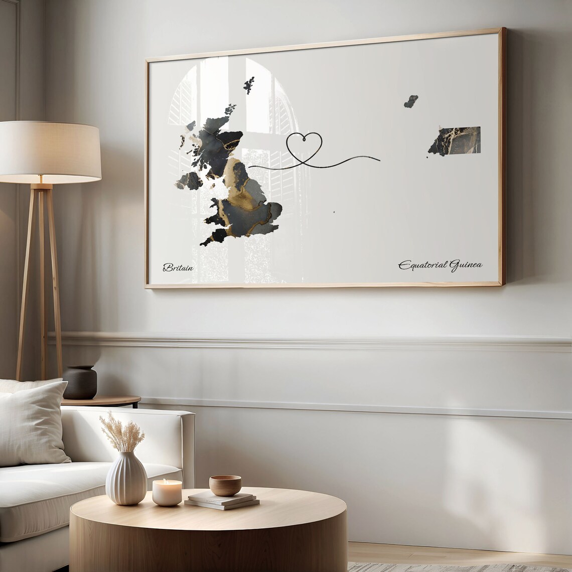 Britain to Equatorial Guinea Marble Heart Map Poster Gift for Long Distance Love - Image 2