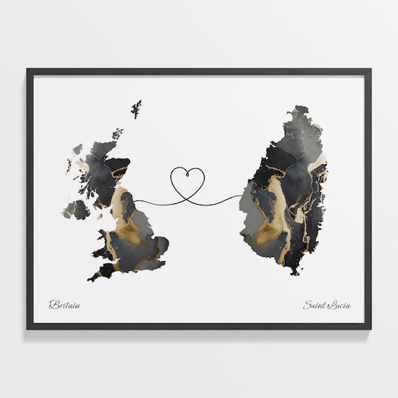 Britain To Saint Lucia Heart Linked Marble Map Love Connection Poster