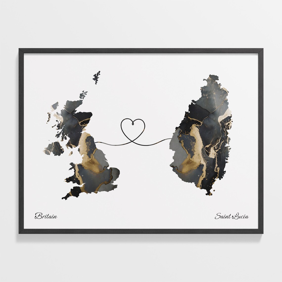 Britain To Saint Lucia Heart Linked Marble Map Love Connection Poster