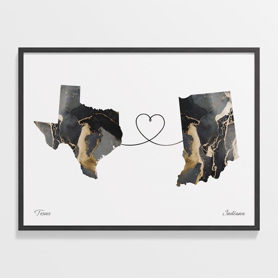 Texas Indiana Long Distance Love Black Marble Heart Map Poster