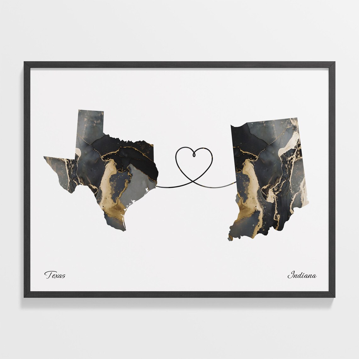 Texas Indiana Long Distance Love Black Marble Heart Map Poster