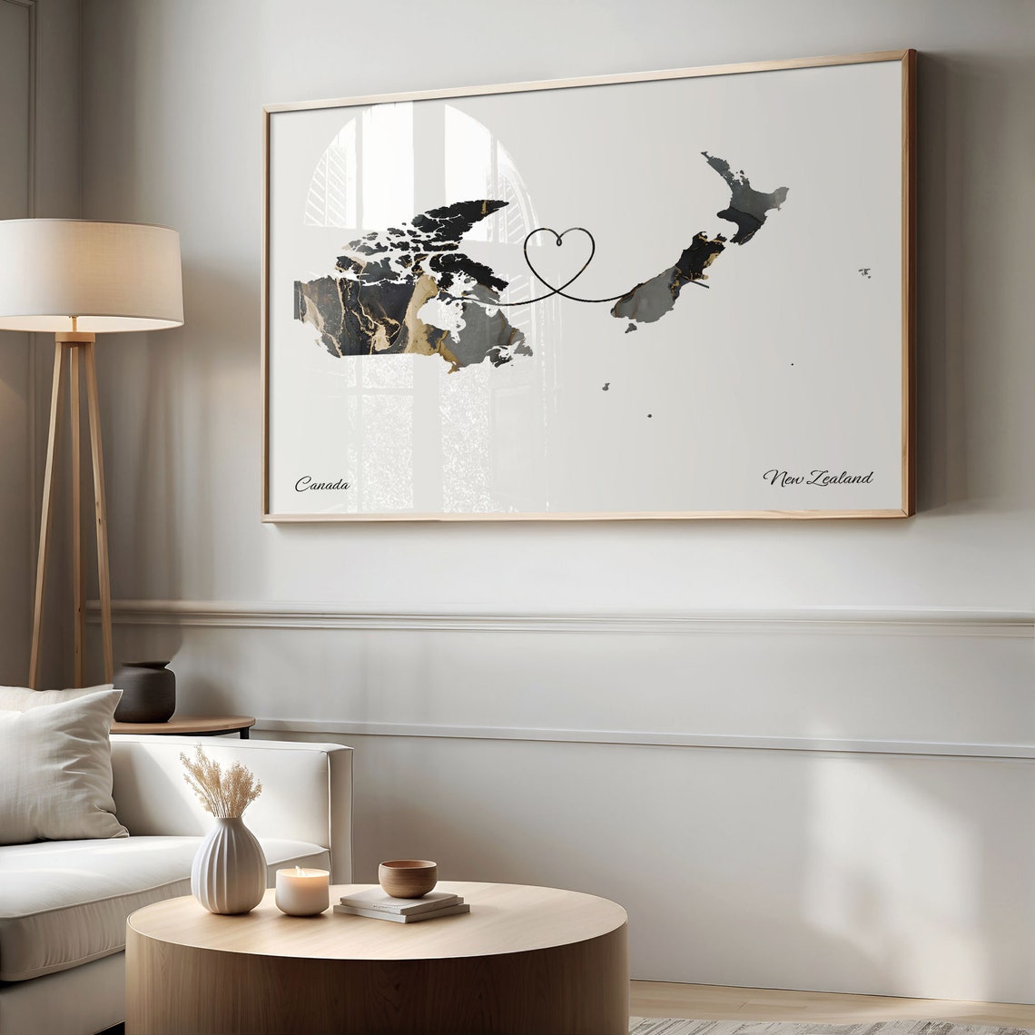 Canada New Zealand Long Distance Marble Map Heart Print Gift - Image 2