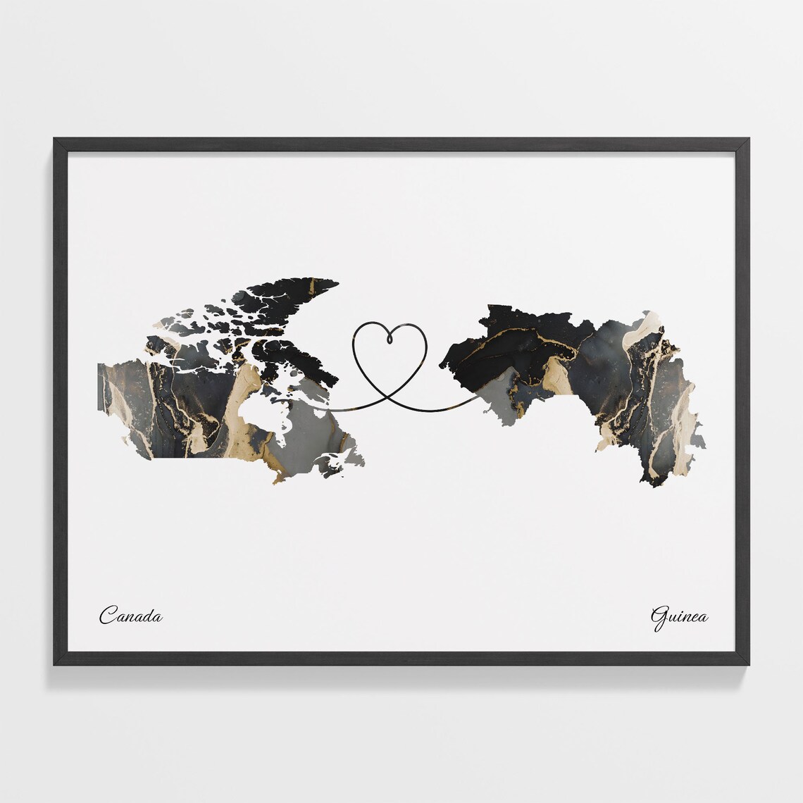 Canada To Guinea Marble Heart Map Two Country Long Distance Gift Poster