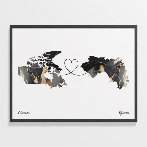 Canada To Guinea Marble Heart Map Two Country Long Distance Gift Poster