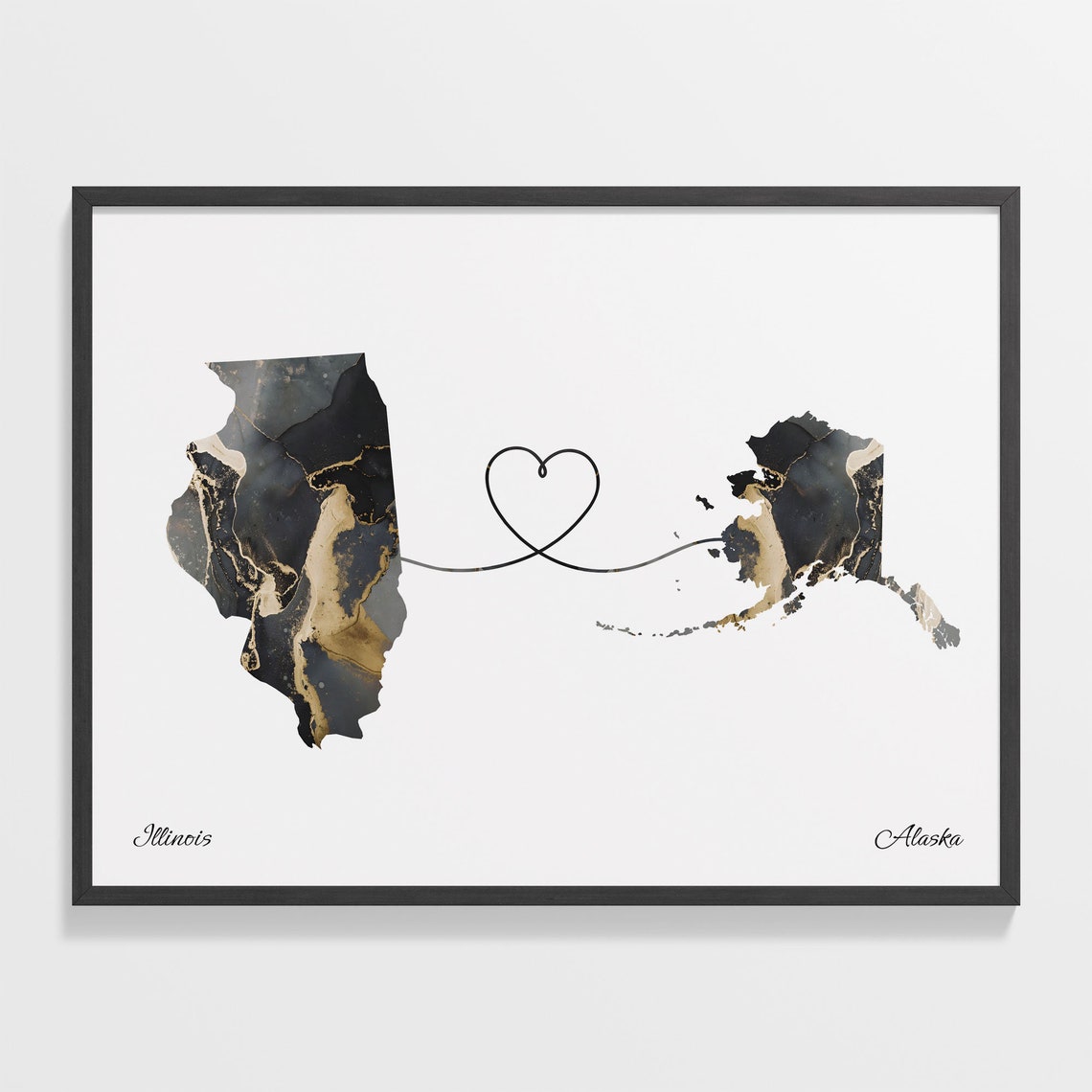 Illinois to Alaska Black Gold Marble Map Heart Connection Poster
