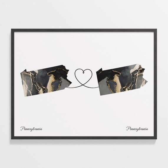 Pennsylvania to Pennsylvania Black Gold Marble Map Heart Connection Poster