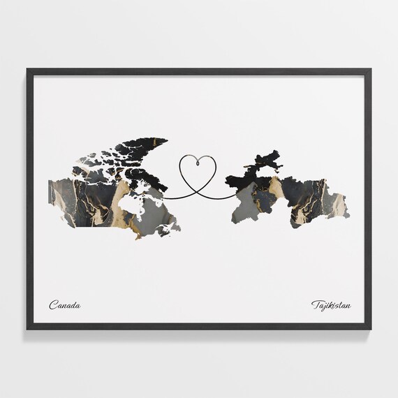 Canada To Tajikistan Marble Heart Map Two Country Long Distance Gift Poster