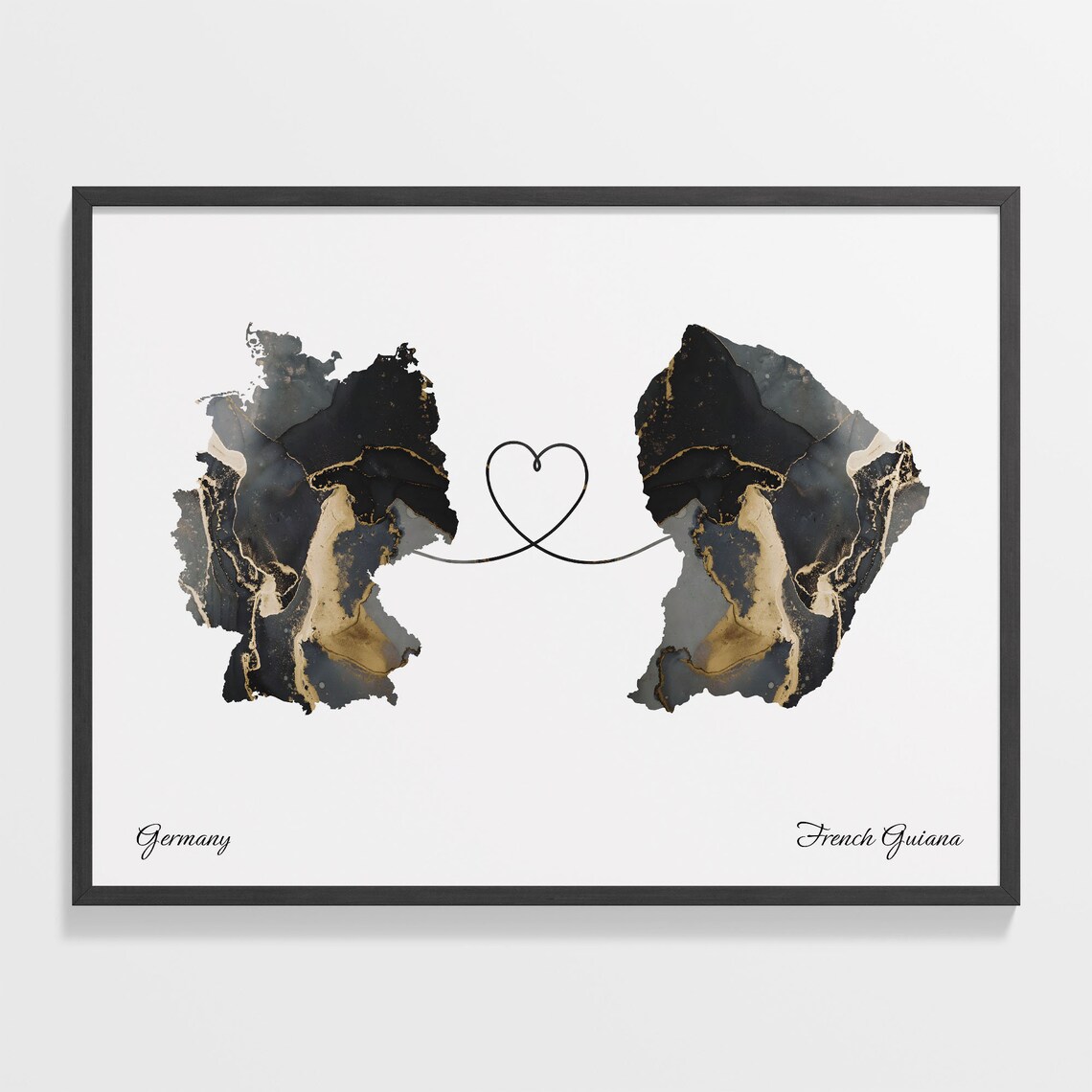 Germany and French Guiana Heart Connection Black and Gold Marble Poster