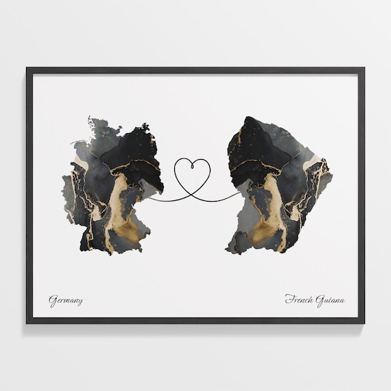 Germany and French Guiana Heart Connection Black and Gold Marble Poster
