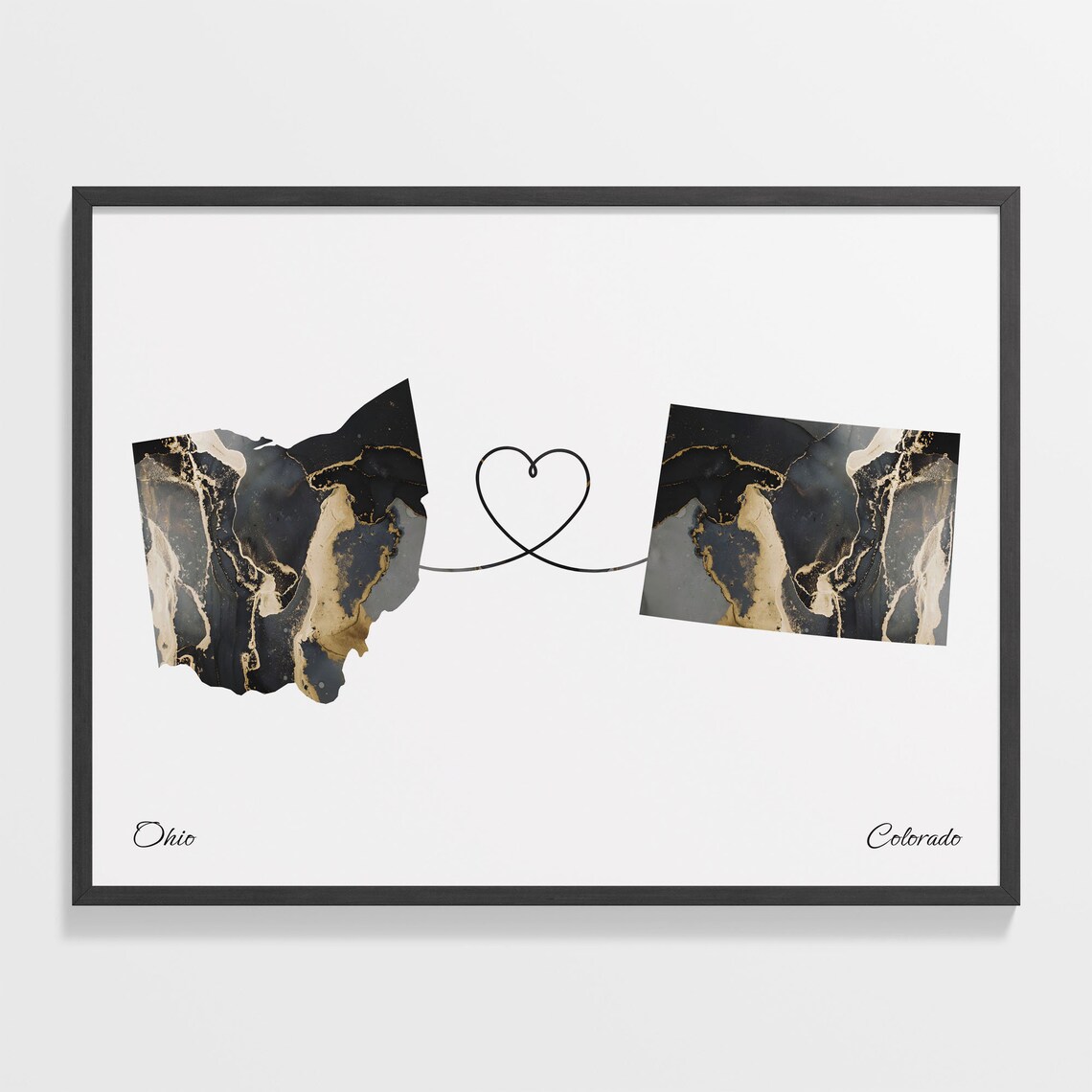 Ohio To Colorado Marble Map Heart Poster Long Distance Love Gift