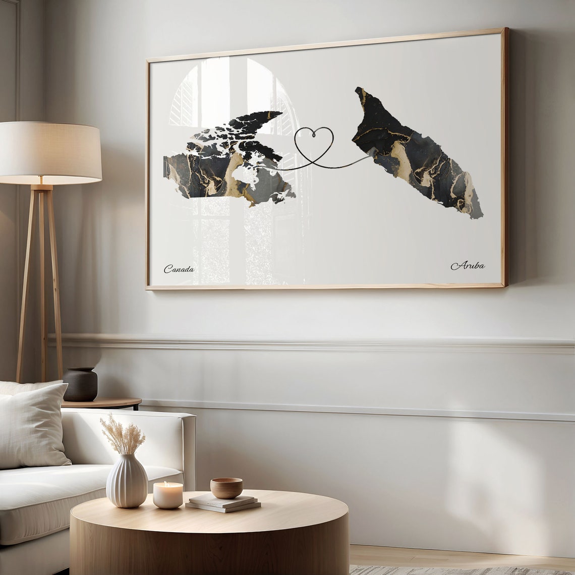 Canada Aruba Long Distance Love Black Marble Heart Map Poster - Image 2