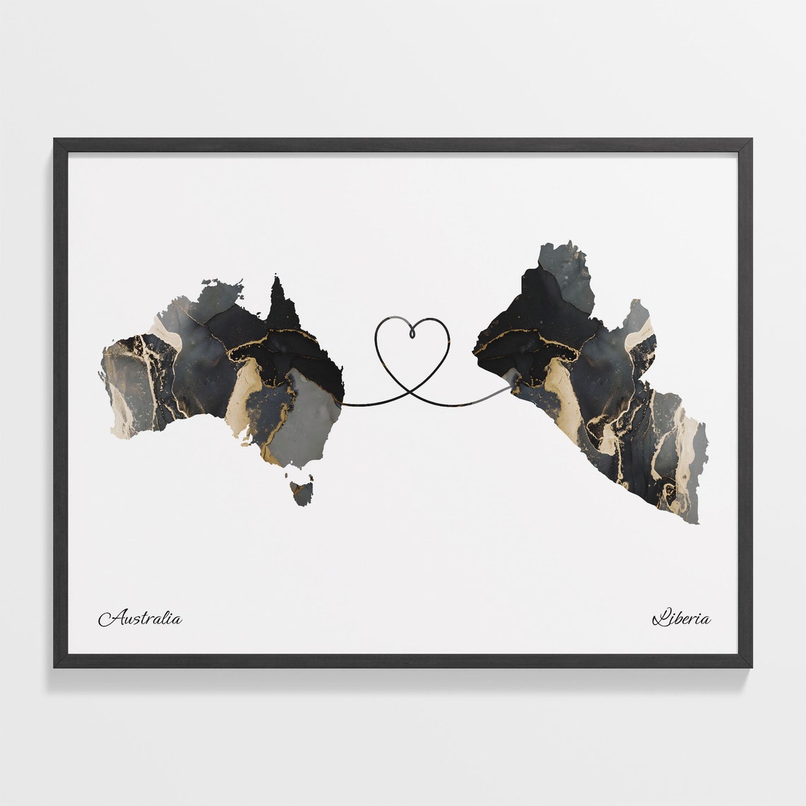 Australia and Liberia Two Countries Black Gold Marble Map Poster