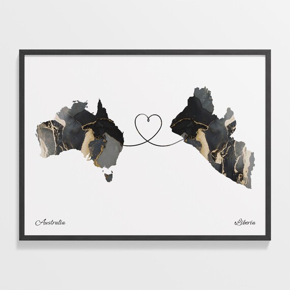 Australia and Liberia Two Countries Black Gold Marble Map Poster