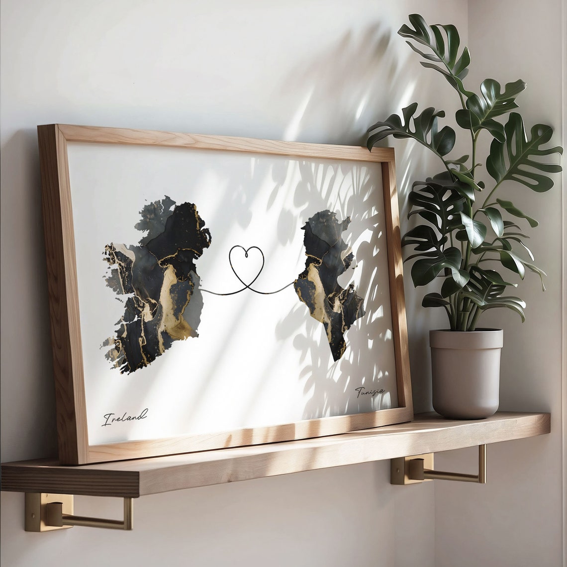 Ireland to Tunisia Black Gold Marble Map Heart Line Art Poster - Image 3