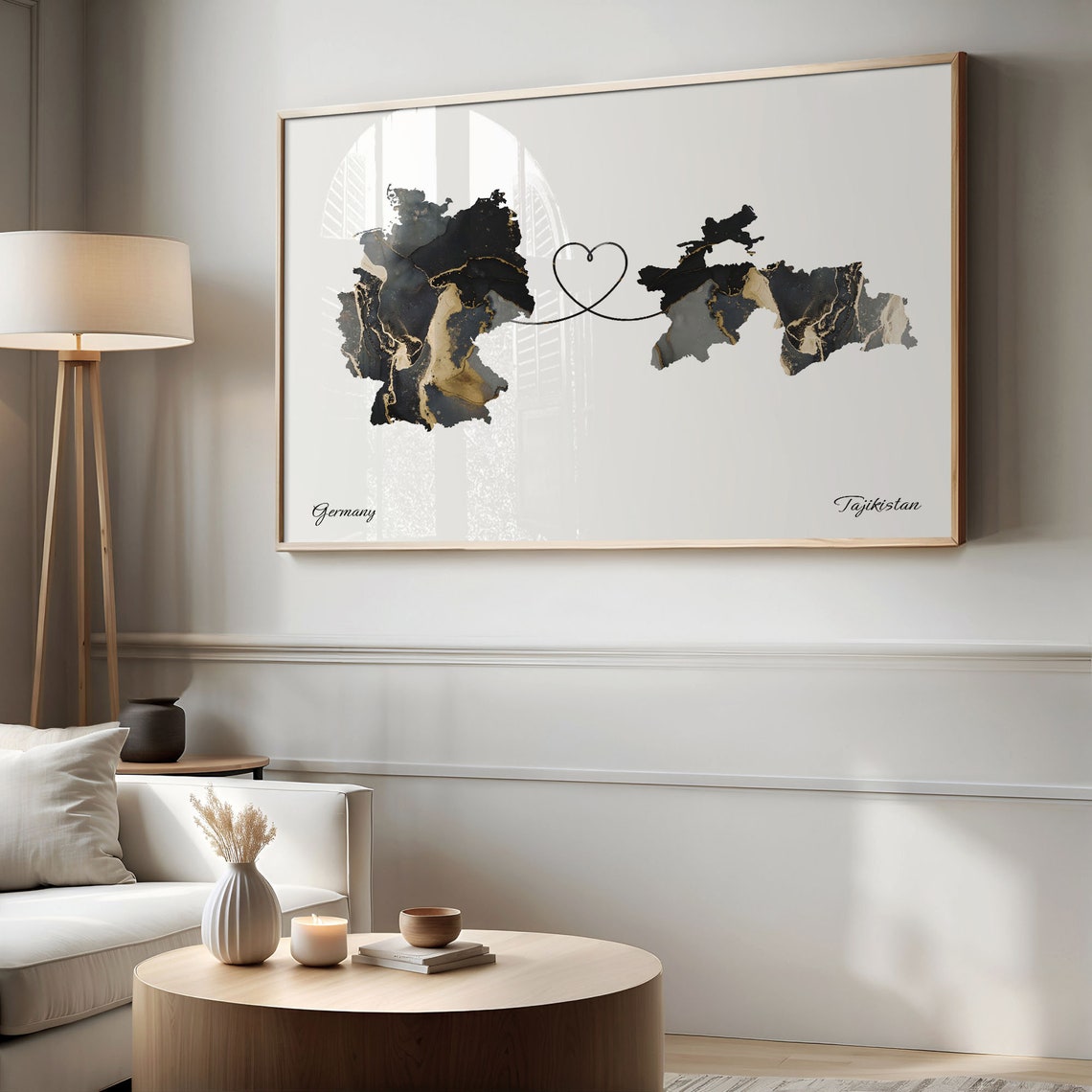 Germany to Tajikistan Black and Gold Marble Two Country Map Poster - Image 2