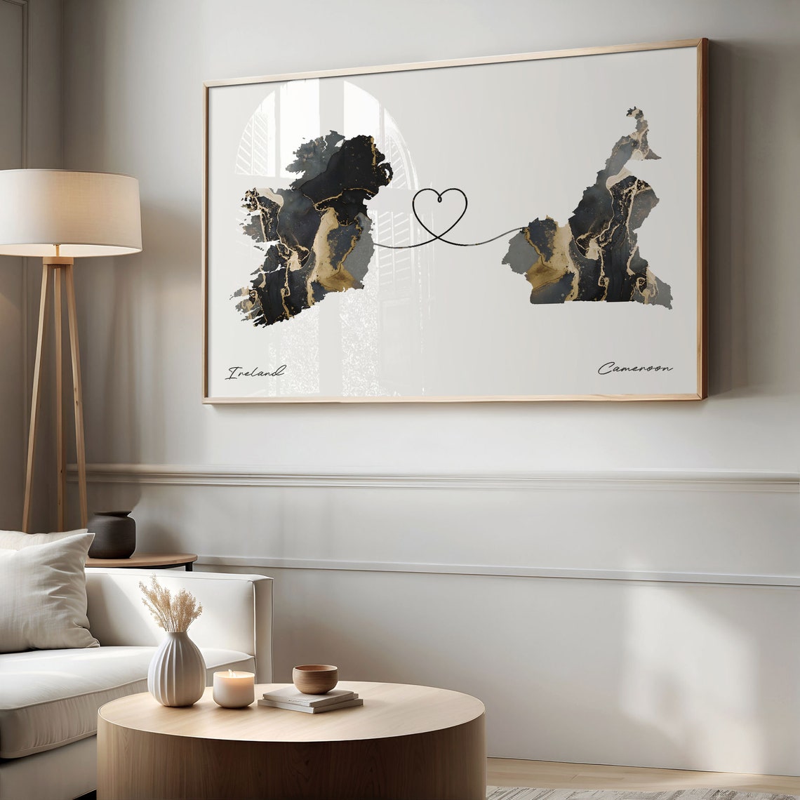 Ireland to Cameroon Heart Line Two Countries Black Gold Marble Poster - Image 2