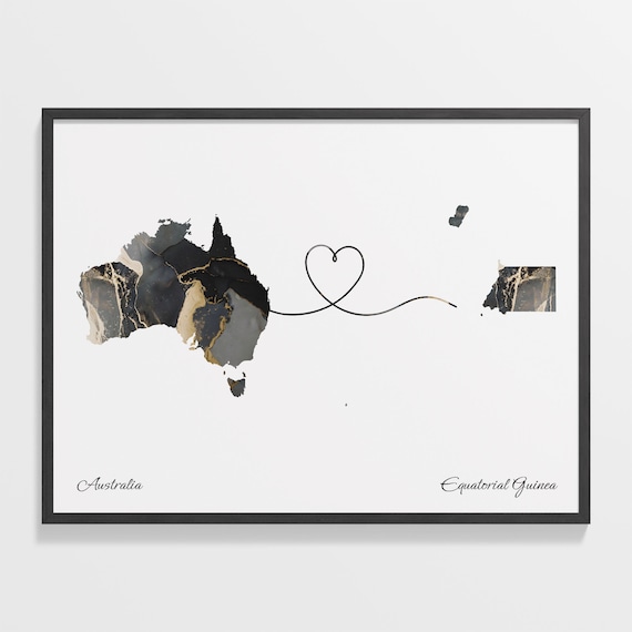Australia To Equatorial Guinea Marble Heart Map Two Country Long Distance Gift Poster