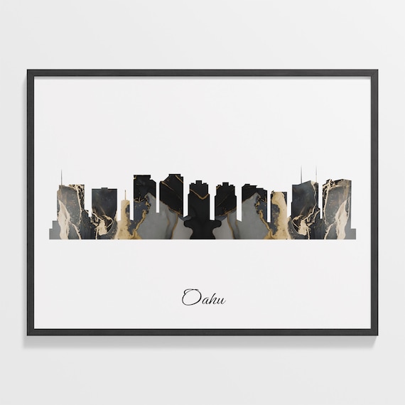 Oahu Hawaii USA Black Gold Marble Skyline Silhouette City Print