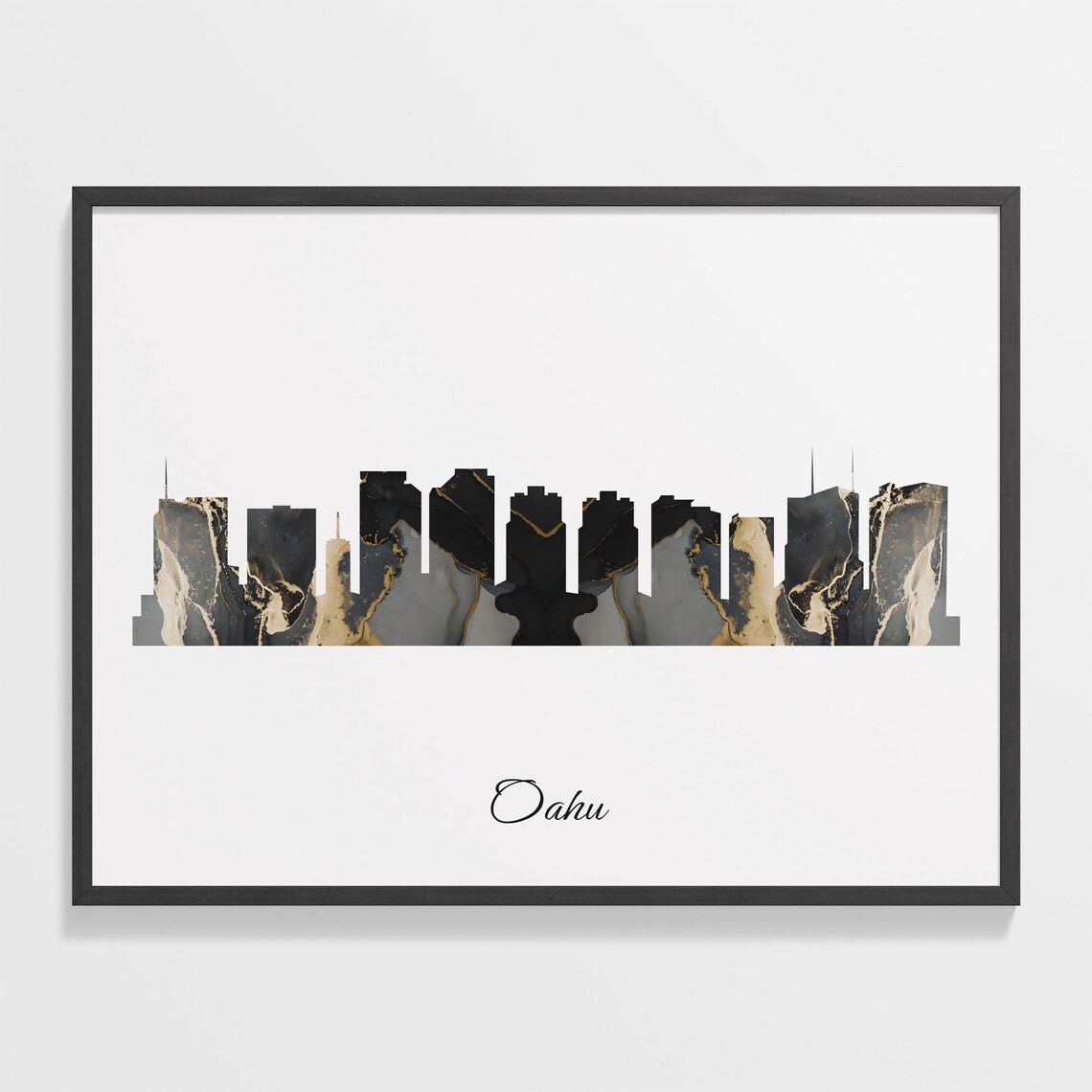 Oahu Hawaii USA Black Gold Marble Skyline Silhouette City Print