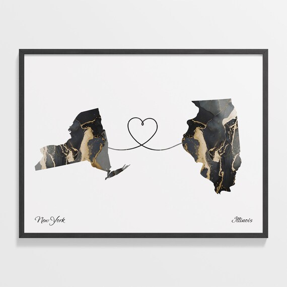 New York to Illinois Marble State Map Heart Long Distance Connection Poster