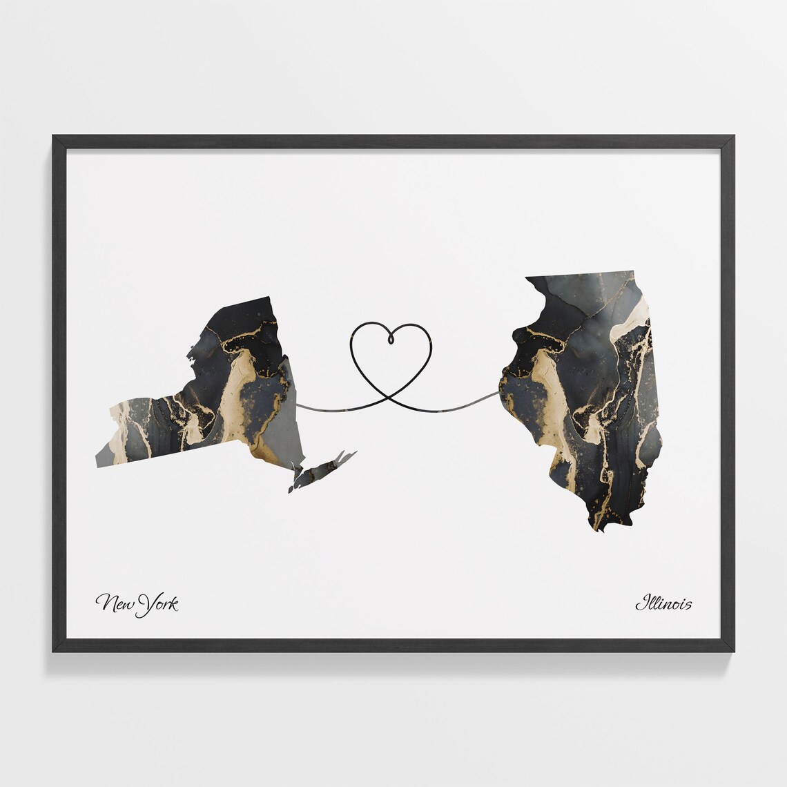 New York to Illinois Marble State Map Heart Long Distance Connection Poster