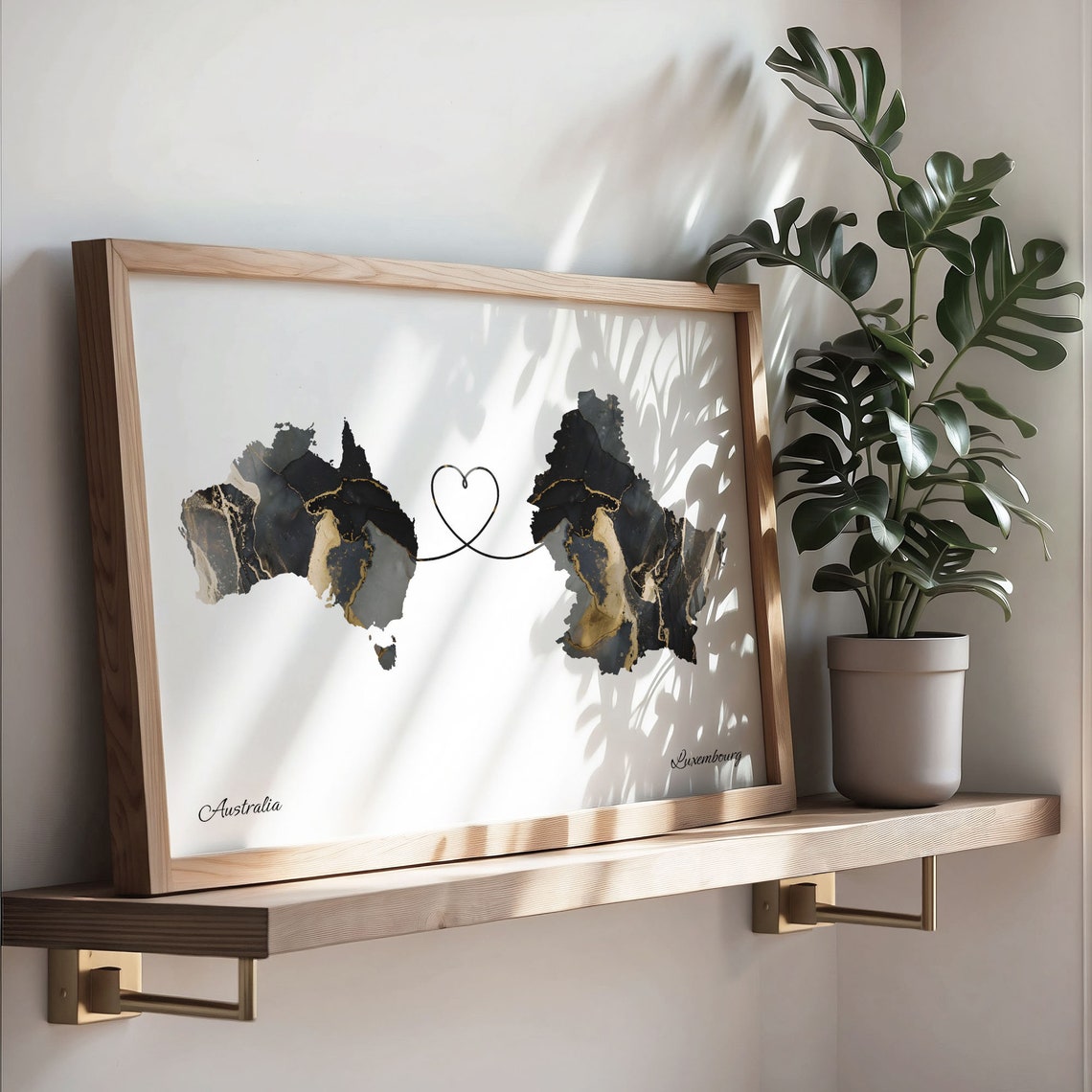 Australia to Luxembourg Black Gold Marble Heart Connection Map Poster - Image 3