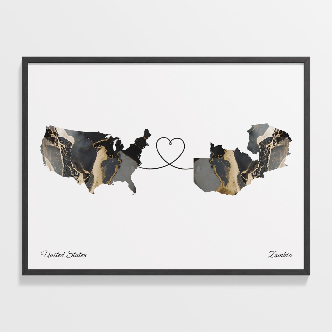 United States To Zambia Heart Linked Marble Map Love Connection Poster