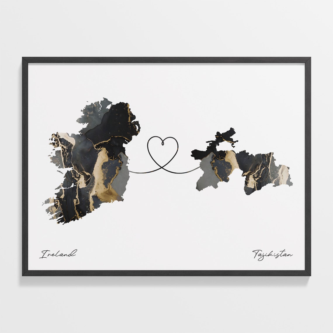 Ireland and Tajikistan Black and Gold Marble Two Countries Map Poster