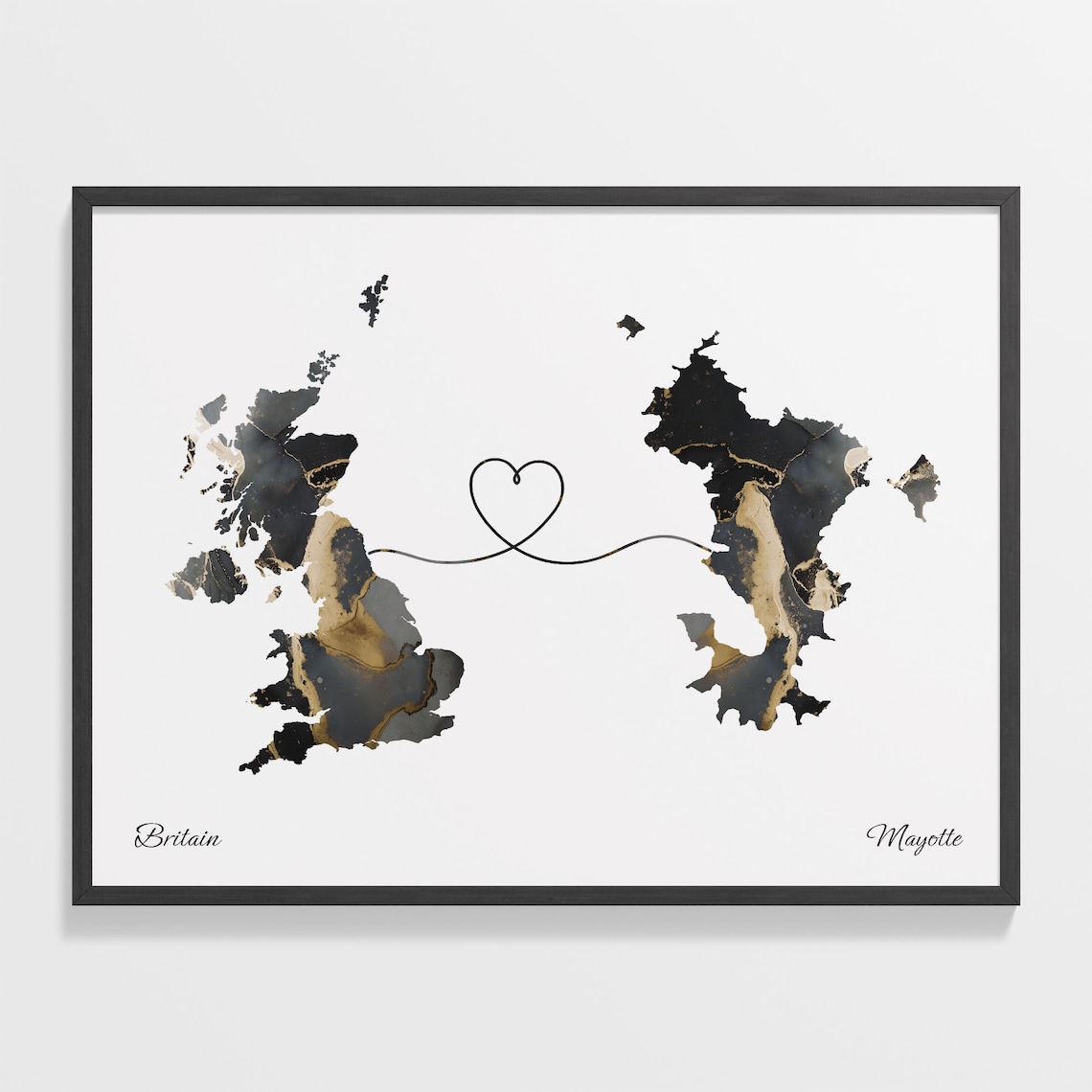 Britain and Mayotte Heart Connection Black and Gold Marble Poster