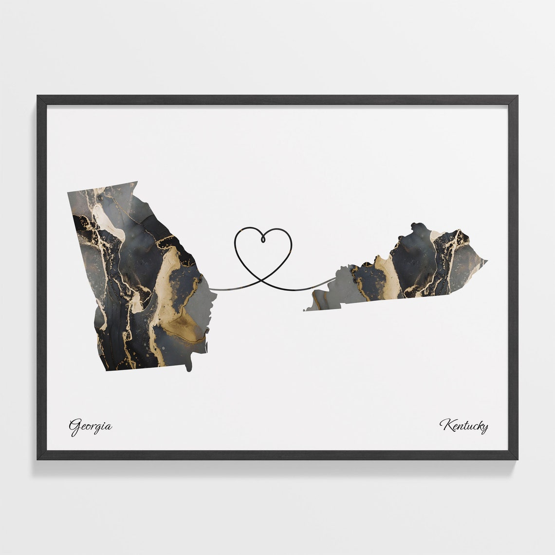 Georgia Kentucky Long Distance Black Gold Marble Heart Map Poster
