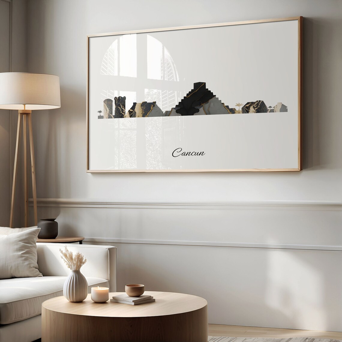 Cancun Mexico Black Gold Marble Skyline Silhouette Art Poster - Image 2