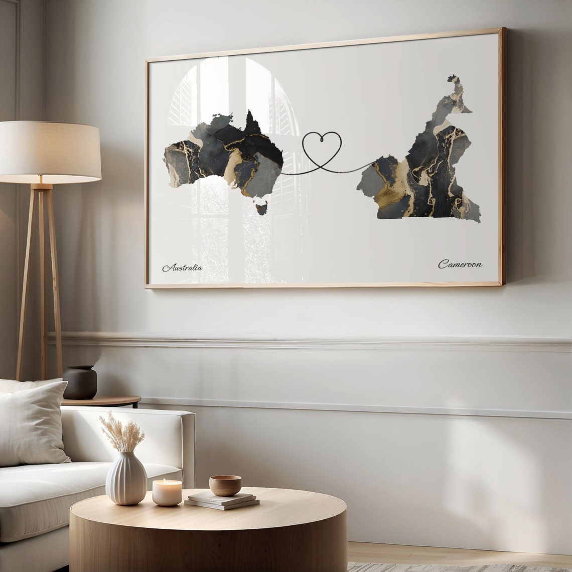 Australia To Cameroon Black Gold Marble Long Distance Heart Map Poster - Image 2